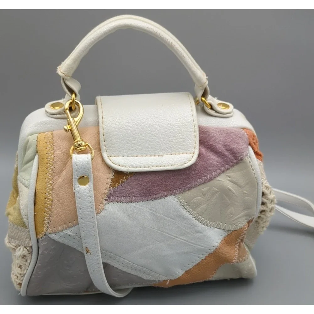 Vtg 80s White Pastel Patchwork Purse Leather Crochet‎ Shoulder Handbag Crossbody